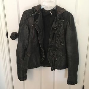 Free People Faux-Leather Hooded Moto Jacket